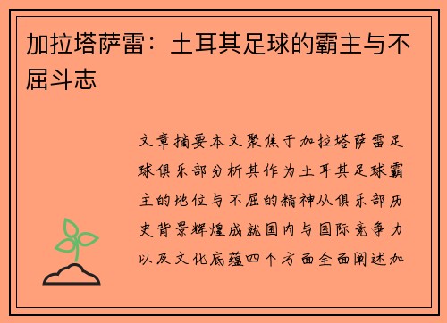 加拉塔萨雷：土耳其足球的霸主与不屈斗志